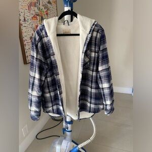 Boston Traders Hooded Blue Plaid Sherpa Lined Shacket Size XXL